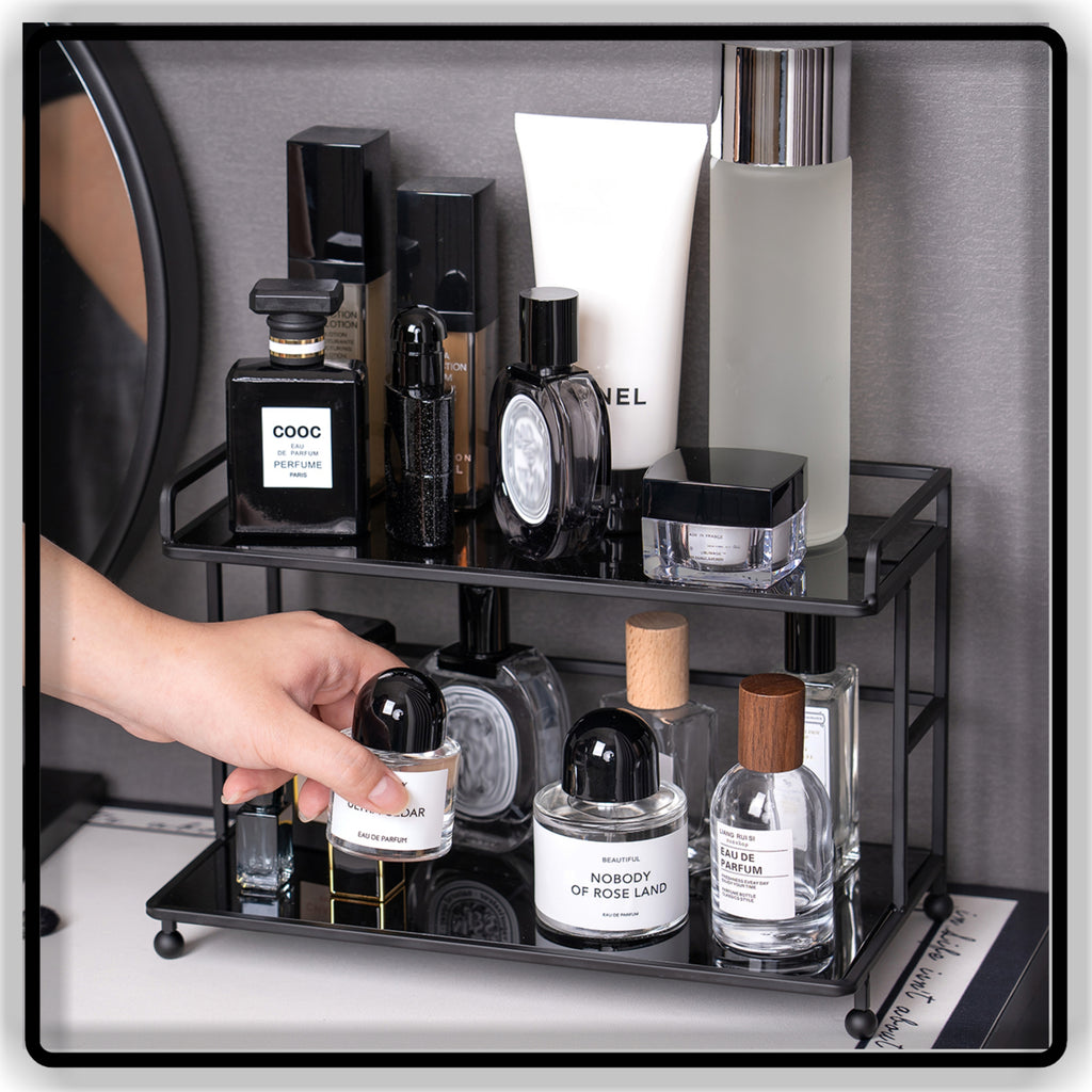 Luxury 2-Tier Makeup Organizer & Perfume Display Stand - Metal Storage Rack