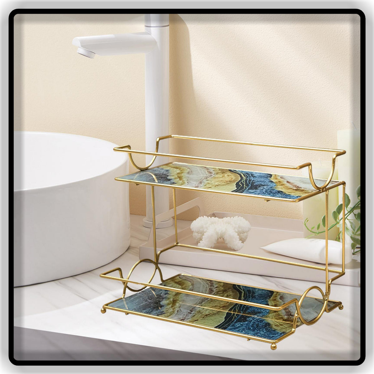 Black & Gold Makeup Organizer Shelf | Double Vanity Tray & Cosmetic Storage Rack