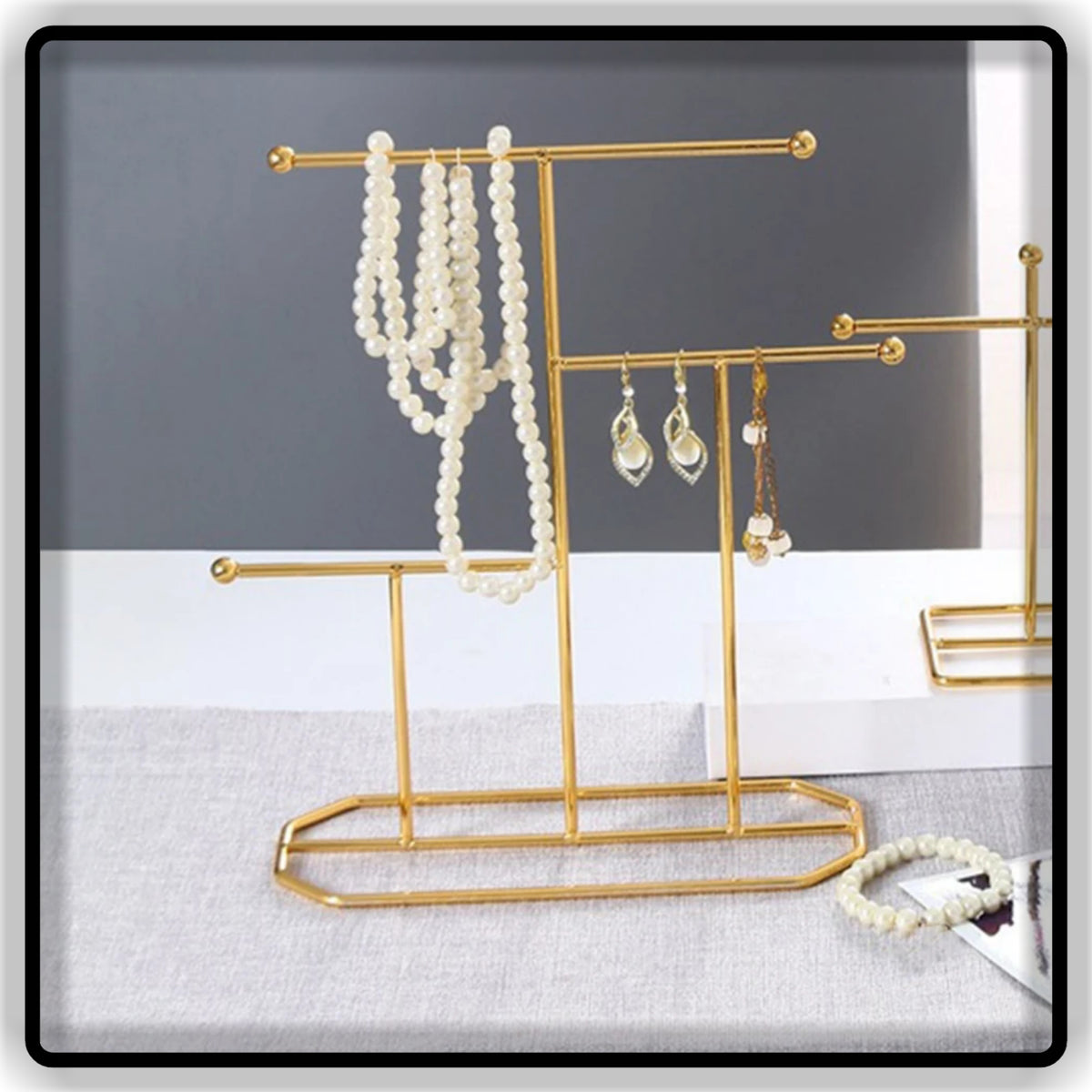 Tangle-Free Jewelry Organizer Stand – Golden Metal Multi-Tier Earring & Chain Holder