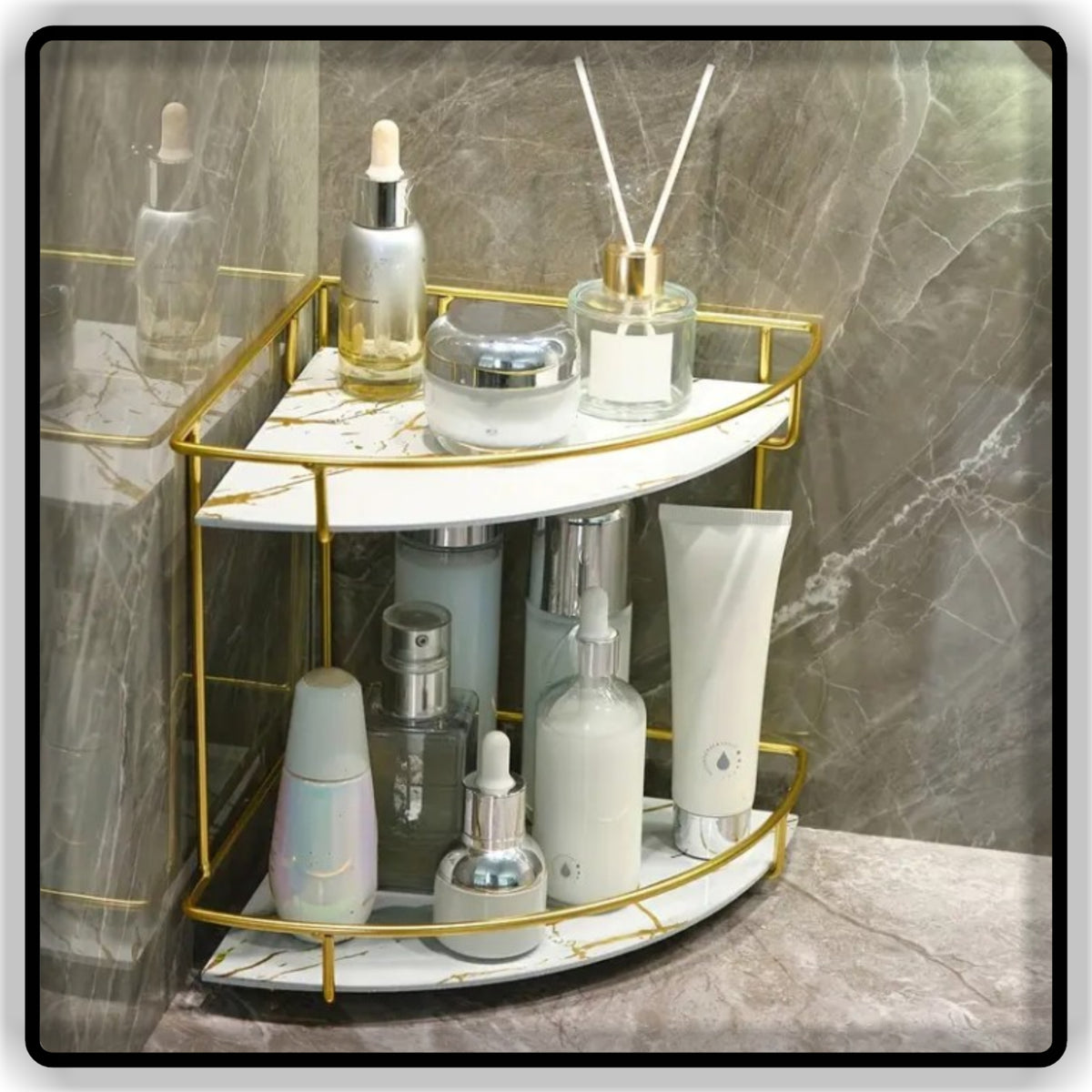 Luxury 2-Tier Corner Vanity Organizer - Gold Metal Skincare & Bathroom Counter Storage Shelf