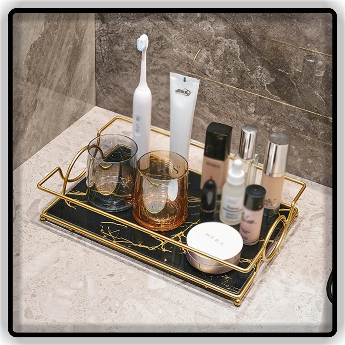 Black & Gold Makeup Organizer Shelf | Double Vanity Tray & Cosmetic Storage Rack