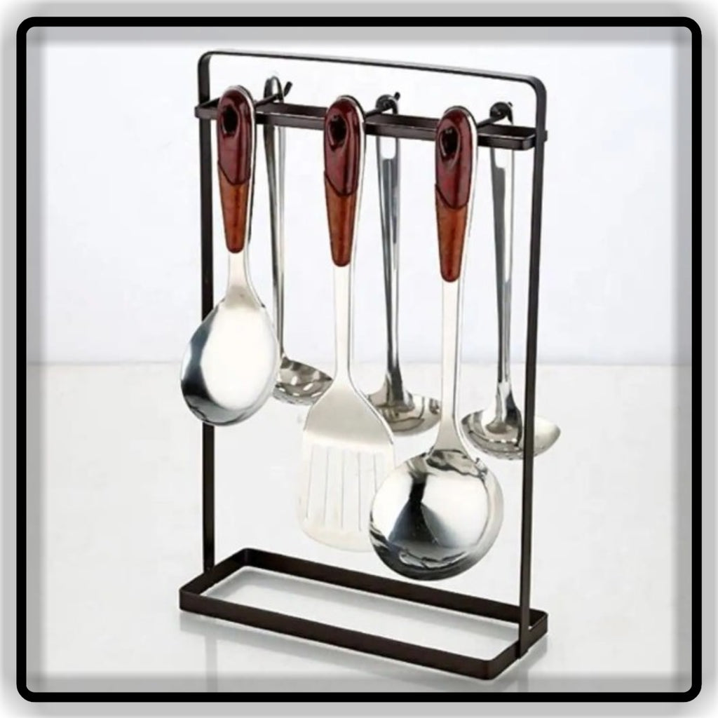 Black Metal Kitchen Spoon Holder Stand with Hanging Hooks