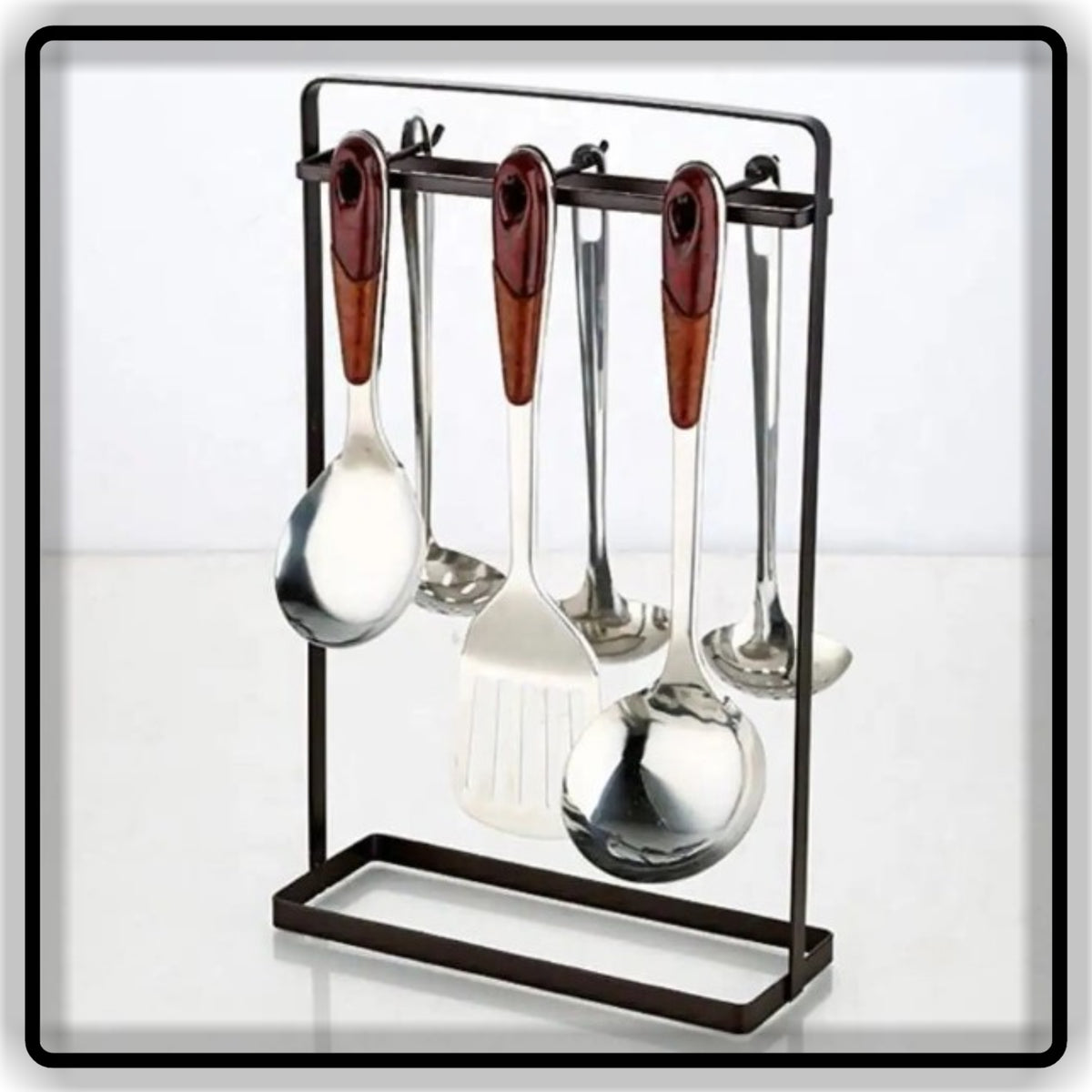 Black Metal Kitchen Spoon Holder Stand with Hanging Hooks
