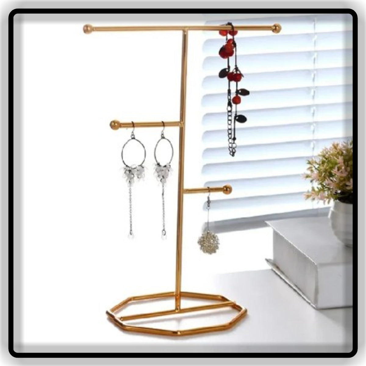 Tangle-Free Jewelry Organizer Stand – Golden Metal Multi-Tier Earring & Chain Holder