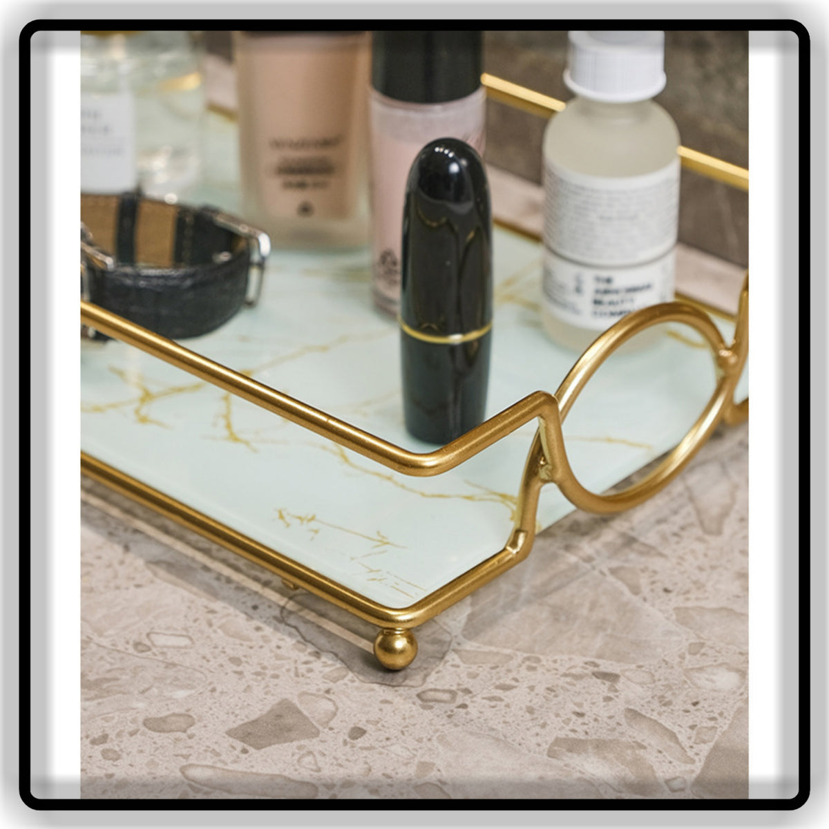 Black & Gold Makeup Organizer Shelf | Double Vanity Tray & Cosmetic Storage Rack