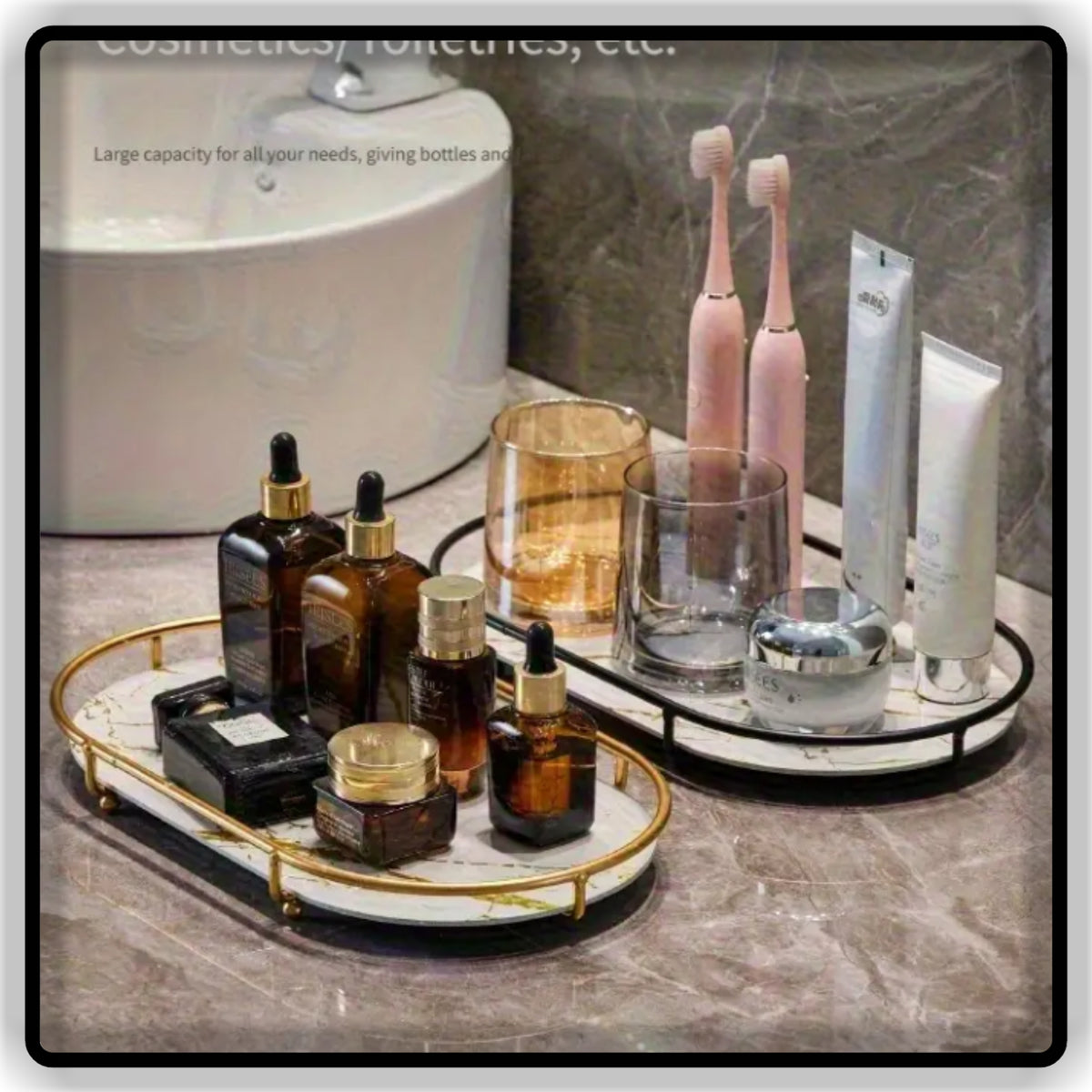 Luxury Oval Makeup Organizer & Perfume Tray - 1-Tier Vanity Tray & 2-Tier Bathroom Skincare Rack
