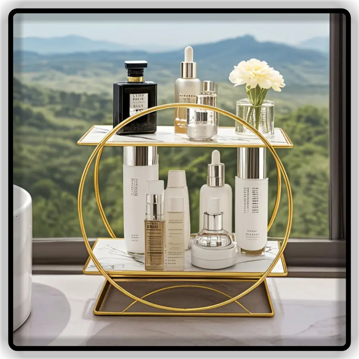 Luxury 2-Tier Round Geometric Makeup Organizer - Glossy Black Base Skincare & Perfume Display Stand