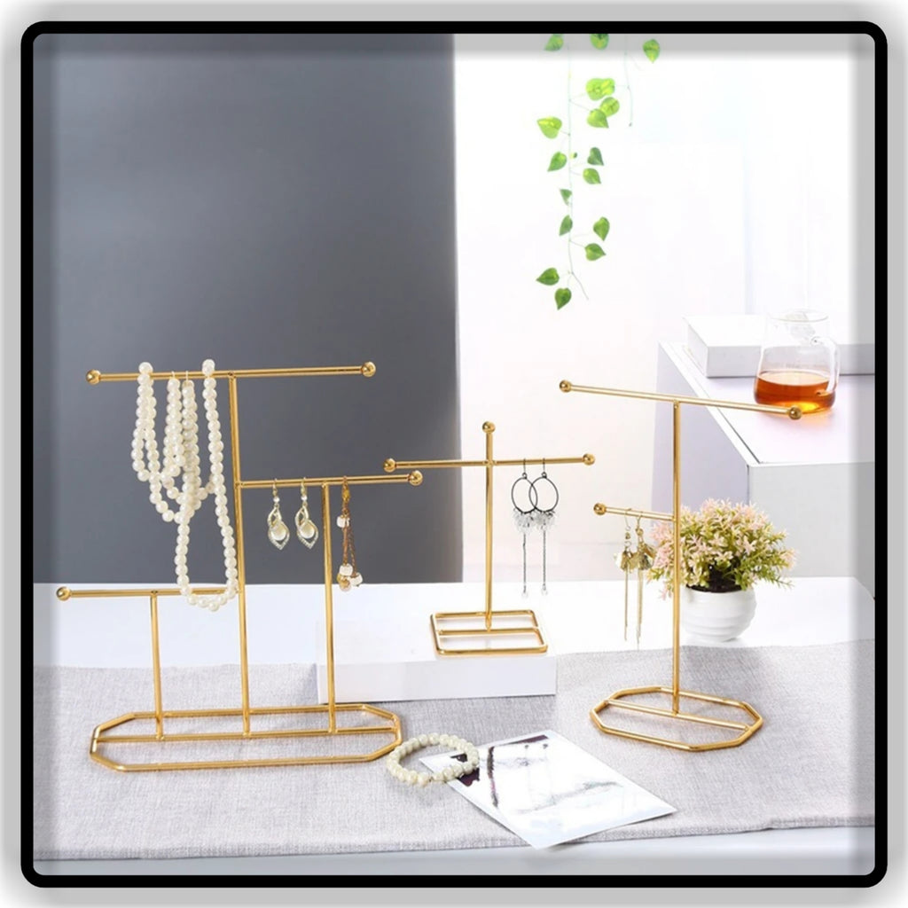 Tangle-Free Jewelry Organizer Stand – Golden Metal Multi-Tier Earring & Chain Holder