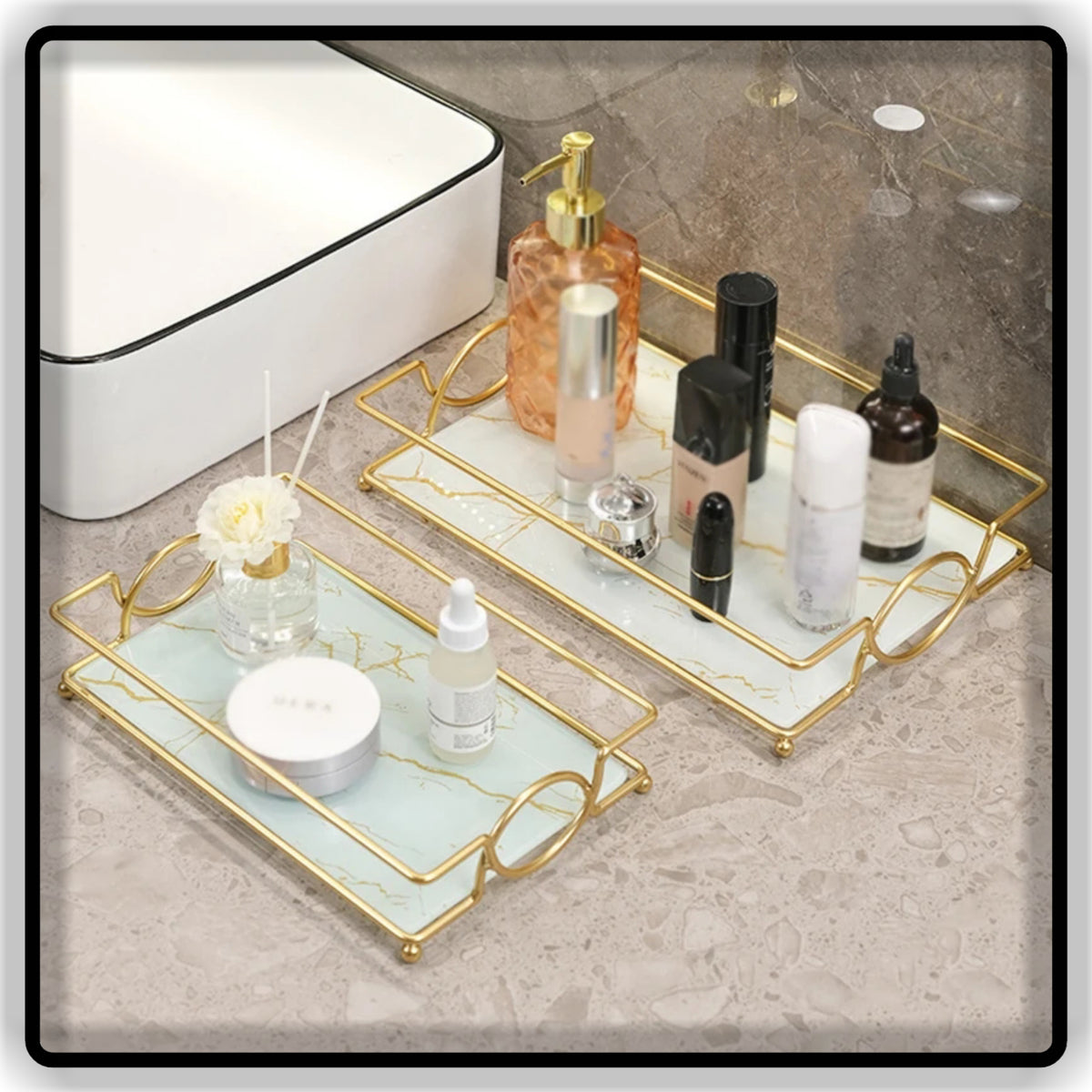 Black & Gold Makeup Organizer Shelf | Double Vanity Tray & Cosmetic Storage Rack