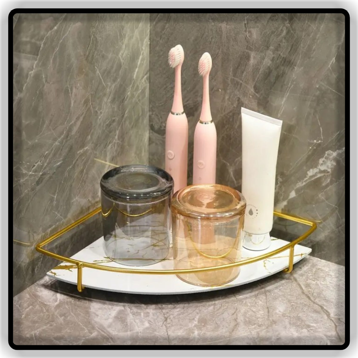 Luxury 2-Tier Corner Vanity Organizer - Gold Metal Skincare & Bathroom Counter Storage Shelf