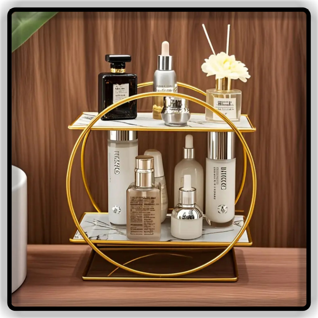 Luxury 2-Tier Round Geometric Makeup Organizer - Glossy Black Base Skincare & Perfume Display Stand