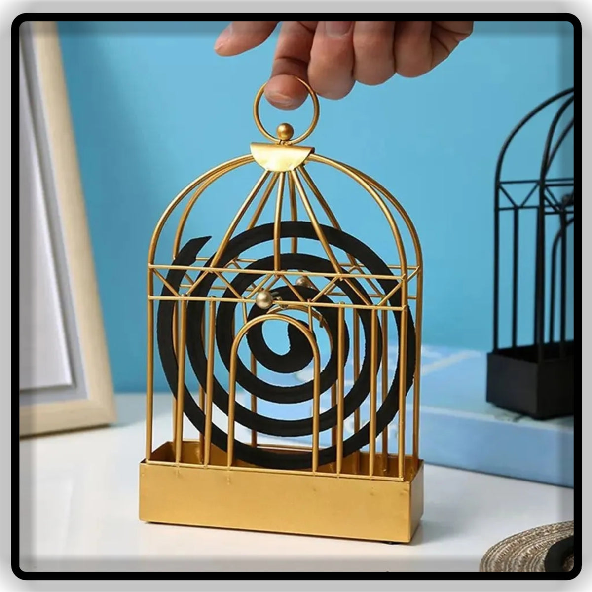 Premium Metal Bird Cage Mosquito Coil Holder Black & Gold
