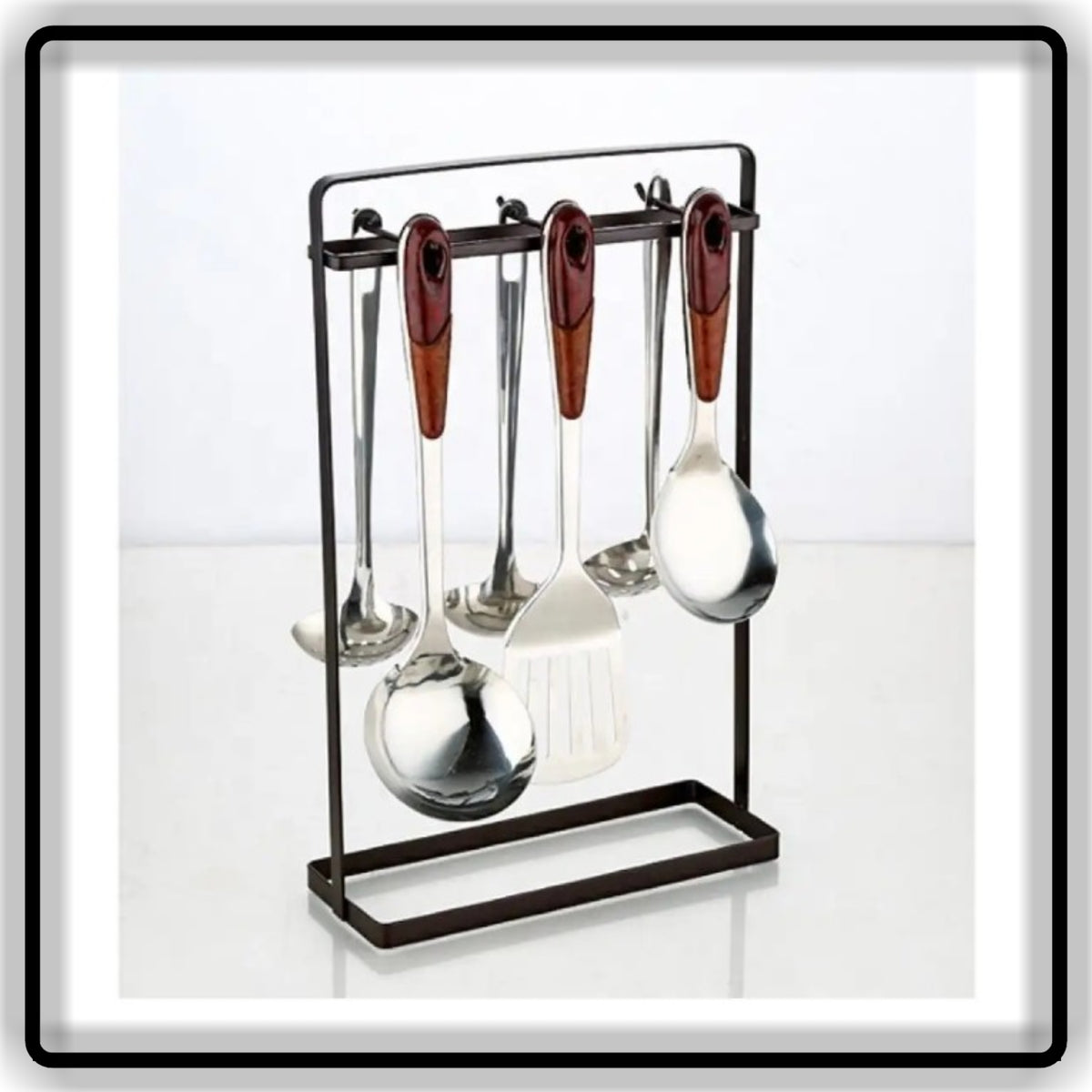 Black Metal Kitchen Spoon Holder Stand with Hanging Hooks