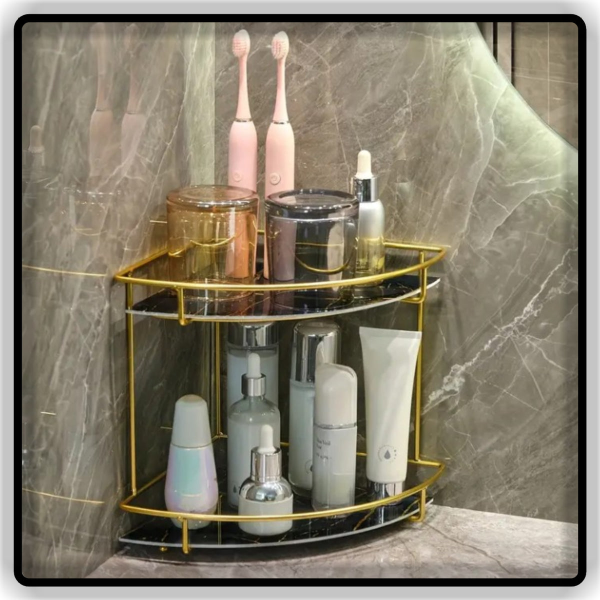 Luxury 2-Tier Corner Vanity Organizer - Gold Metal Skincare & Bathroom Counter Storage Shelf
