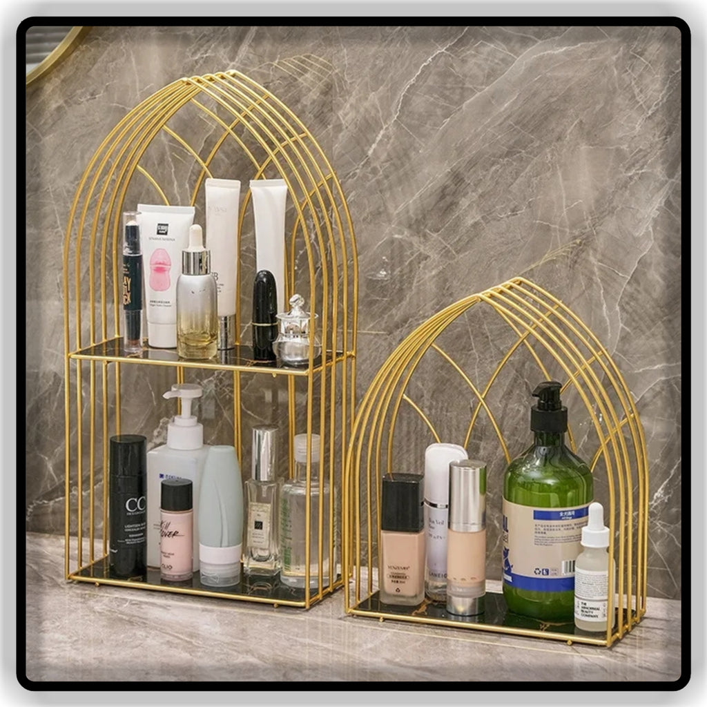 Elegant Gold Metal Tabletop Organizer Stand | Single & Double Tier | Wooden, Black & White Base