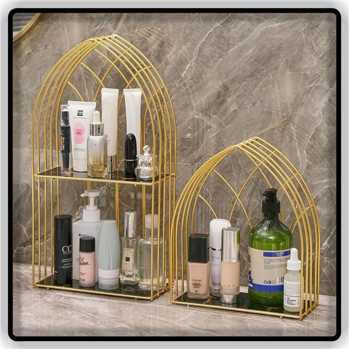 Elegant Gold Metal Tabletop Organizer Stand | Single & Double Tier | Wooden, Black & White Base