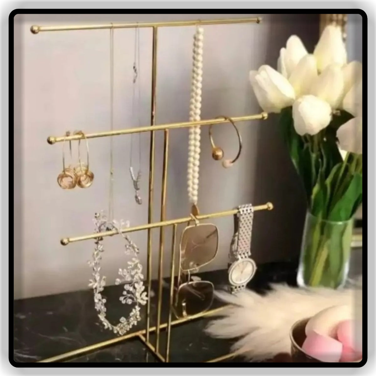 Gold Metal Jewelry Organizer & Display Stand | Necklace, Earring & Watch Holder