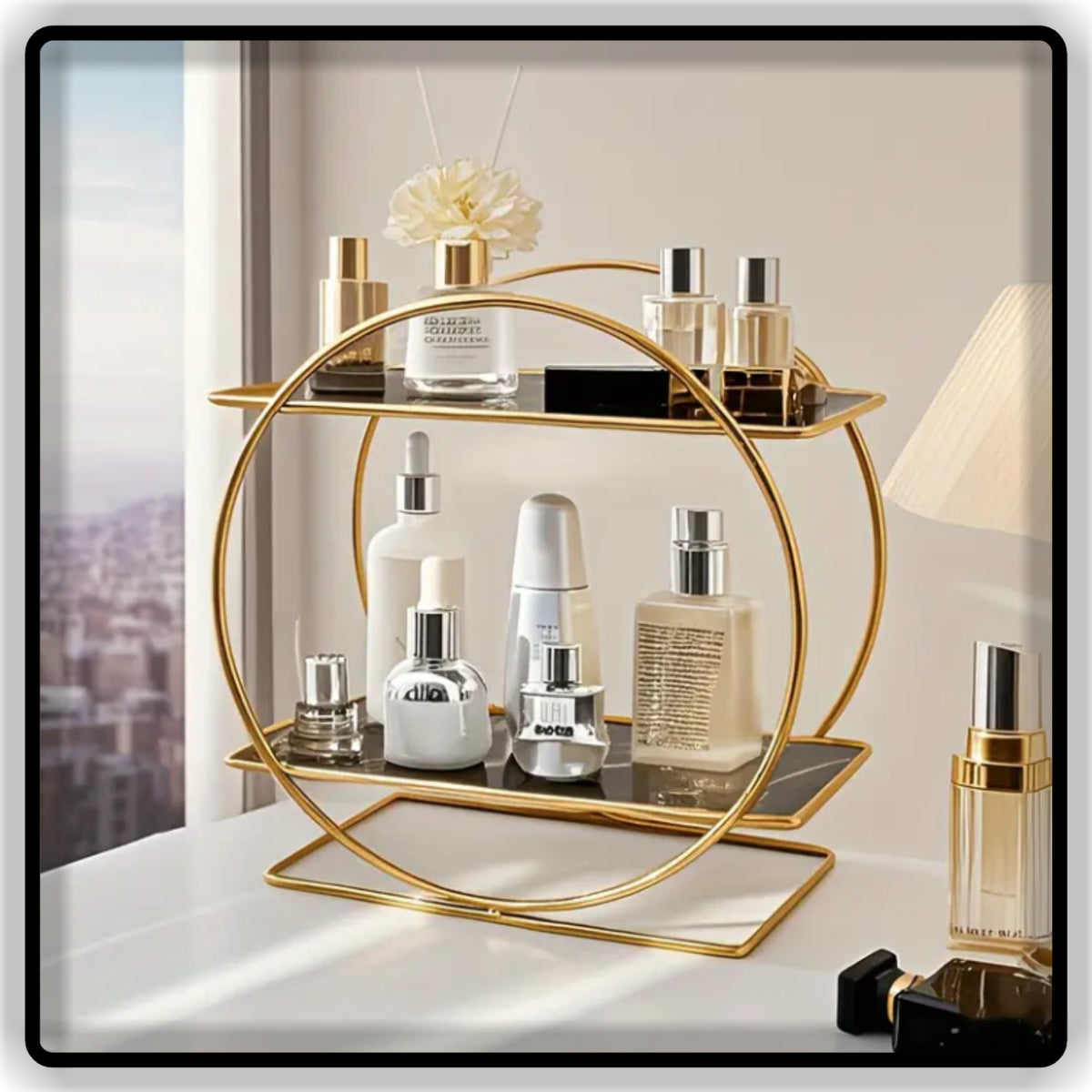 Luxury 2-Tier Round Geometric Makeup Organizer - Glossy Black Base Skincare & Perfume Display Stand